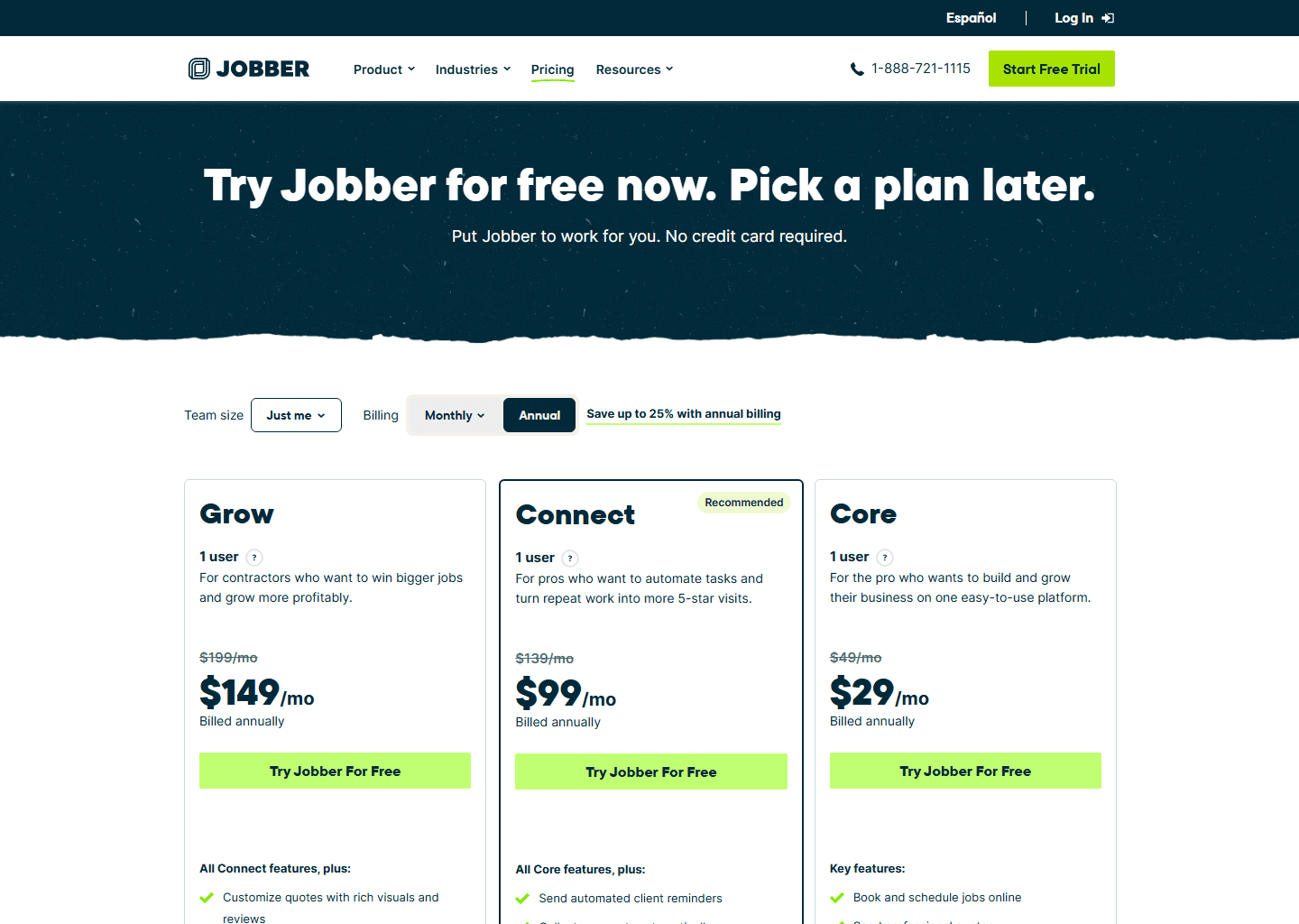 Jobber's pricing page with the Core, Connect and Grow plans and their monthly prices