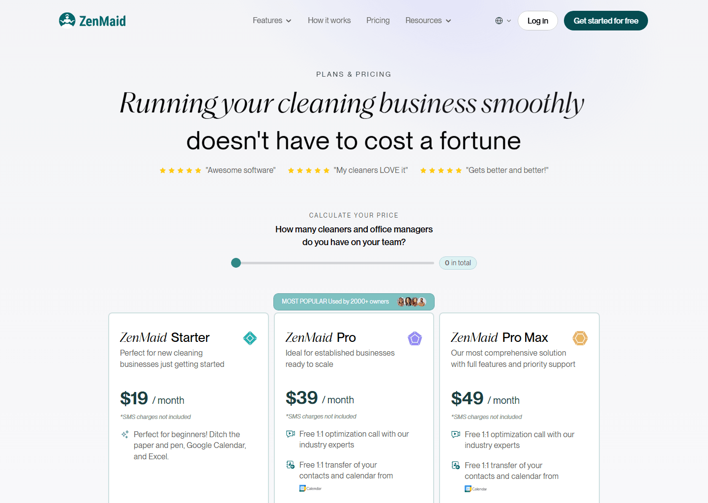 ZenMaid's pricing page showing the Starter, Pro and Pro Max plans